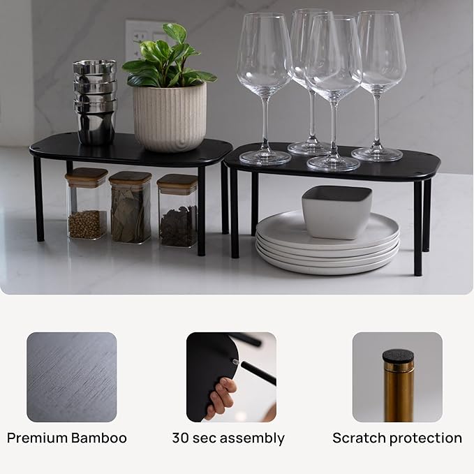 Ibyx Premium Kitchen Cabinet Organizer Shelf - Set of 2 Kitchen Counter Shelves - Stackable Shelf Racks for Cabinets - Bamboo Top with Metal Legs (Black)