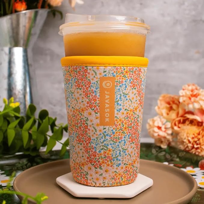 Sok It JavaSok Iced Coffee & Cold Soda Insulated Neoprene Cup Sleeve (Dainty Florals, Small: 16-20oz)