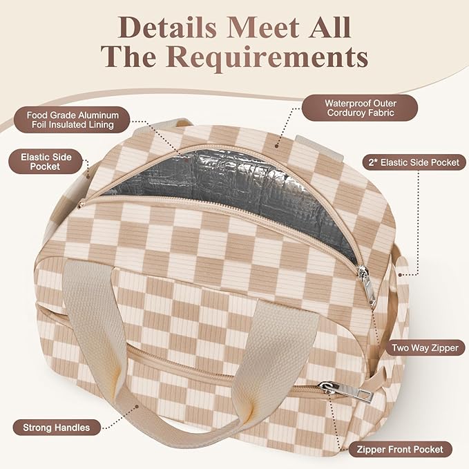 KUBYA Lunch Box for Women, Cute Corduroy Insulated Lunch Bag Women Reusable Work Simple Adults Large Lunch Boxes Tote Bag Men Cooler Bag