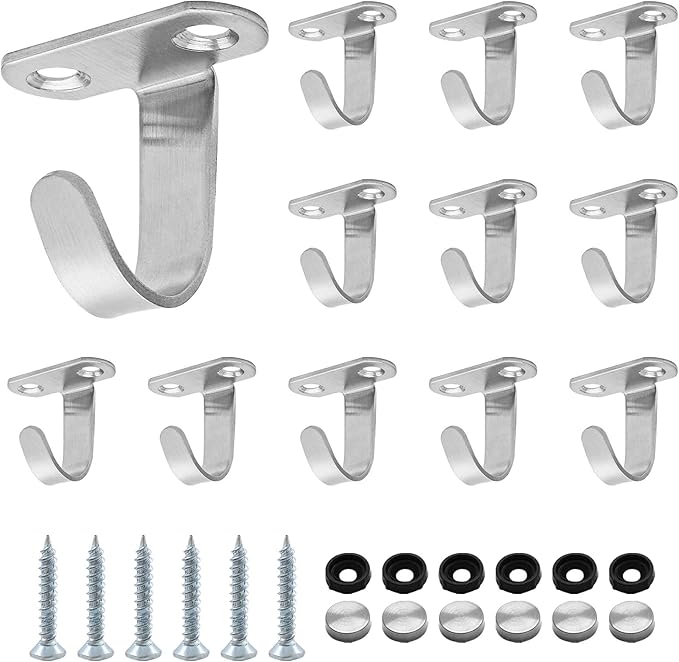 12Pcs Screw Mount Ceiling Hooks Stainless Steel Under-Shelf Towel Hook Heavy Duty Coat Hook Hanger for Kitchen, Cupboard, Cabinet, Bathroom (Brushed Nickel)