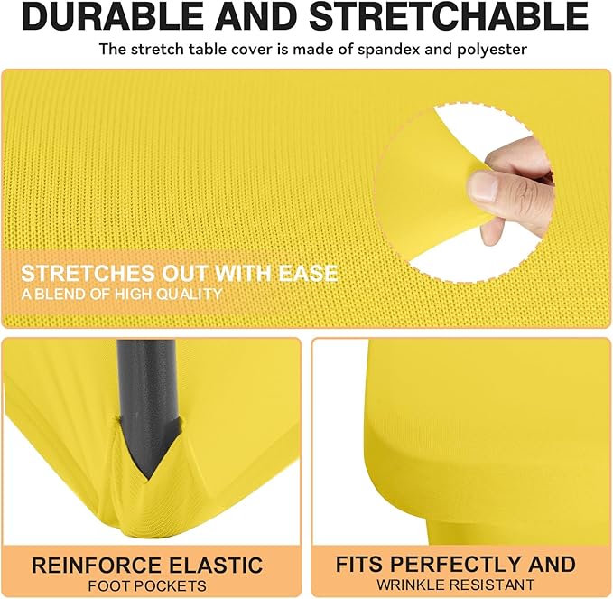 2 Pack 6 Feet Yellow Spandex Tablecloth for Rectangular Tables, Fitted & Stretch, Washable, Wrinkle Resistant, Perfect for Event, Wedding, Party, Banquet, Cocktail, Festival, and Table Protector
