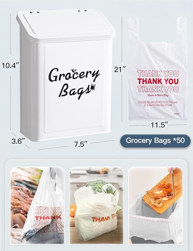 Metal White Magnetic Grocery Bags Holder, Farmhouse Wall Mount Plastic Bag Holder with 50pcs Shopping Bags, Trash Bag Dispenser for Kitchen, Garage, Laundry Room