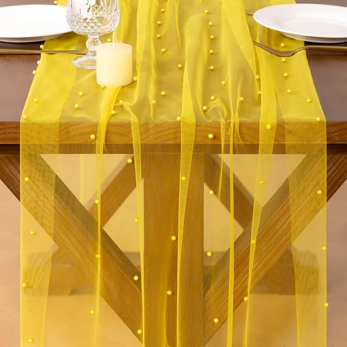 Socomi Pearl Table Runner Tulle Yellow Summer Cheesecloth 10FT Gauze Cheese Cloth Sheer Chiffon Dining Wedding Birthday Party Baby Shower Bridal Anniversary Holiday Centerpiece Table Decor