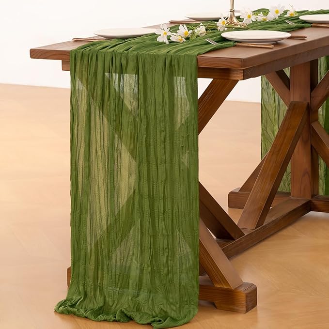 Socomi 2pcs Moss Green Summer Cheesecloth Table Runner Boho Rustic Gauze 120 inch 10FT Cheese Cloth Sheer Runner for Wedding Party Baby Shower Birthday Home Decor Holiday Decorations