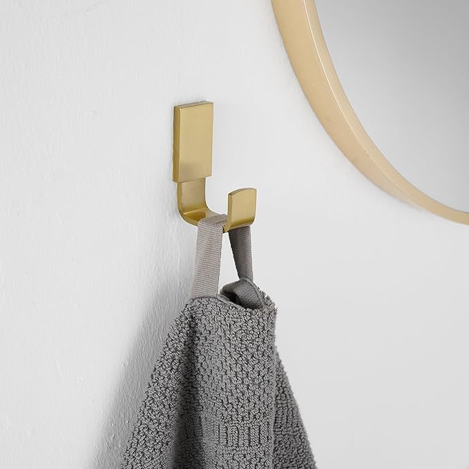 BESy Brass Clothes Hook Single Towel Hook for Bathroom Kitchen Garage Square Style Robe Hooks Coat and Hat Hook, Wall Mounted with Screws, Brushed Gold