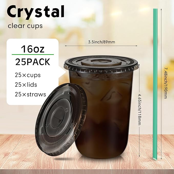 Baderke 25 Set Plastic Cups with Lids and Straws, Disposable Plastic Iced Coffee Cup for Cold Beverage Juice Smoothie Crystal for Coffee Shops Party Catering(Black,16 oz)
