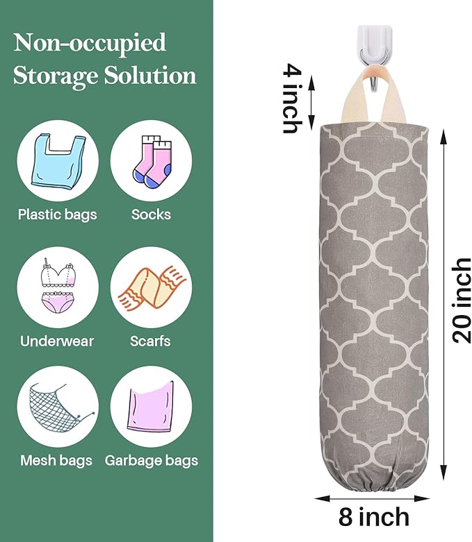 Plastic Bag Holder, Washable Grocery Bag Holder for Plastic Bags, Strong Plastic Bag Storage Dispenser with Hanging Loop, Wall Mount Trash Bag Dispenser for Home Kitchen Cabinet (Beige)