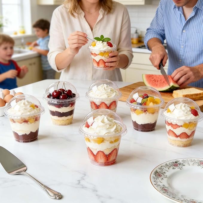 Clawsoff 50 Pack 9 oz Plastic Cups with Dome Lids, Disposable Dessert Cup No Hole, Fruit Cup, Clear Parfait Cups for Cake, Cold Drink, Ice Cream, Salad