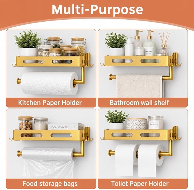 Paper Towel Holder Wall Mount with Shelf, Easy One Hand Tear, Adhesive Glue or Drill Mount Hanging Paper Towel Holder with Shelf for Kitchen/Bathroom/RV, Golden Metal, 4 Hooks