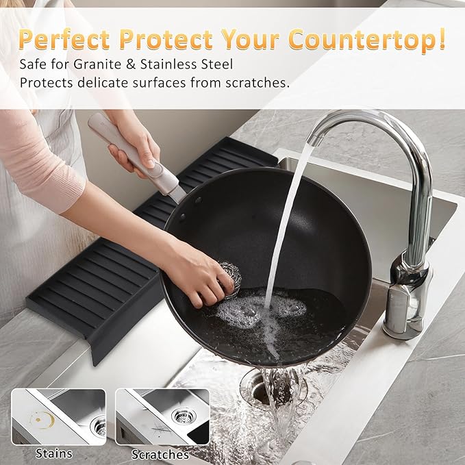 Sink Edge Protector with Suction Cup 4"x24", Silicone Sink Splash Guard for Kitchen & Bathroom, Protect Countertop from Scratches, Stains, for Stainless Steel Granite Quartz-Black