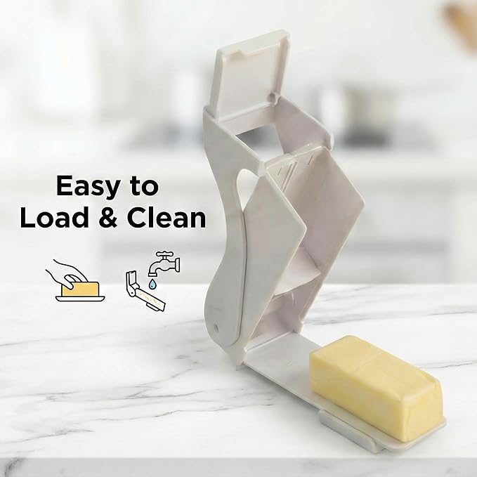 Butter Cutter Slicer and Dispenser, Measuring Dispenser and Keeper, One-Click Operation for Bread Cakes Cookies Breakfast, Food-Grade Plastic with Stainless Steel Blade, White