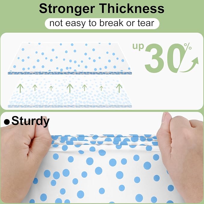 Smiry Plastic Table Cloth Disposable 5 Pack, 54 x 108 Inch Rectangle Waterproof Tablecloth, Printed Gold Table Runner Style for Birthday Weeding, Party, Leakproof & Sturdy, White and Baby Blue
