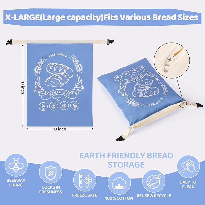 2 Pack Beeswax Bread Bags with Zipper, XL(13x17in) Sourdough Bread Storage for Homemade, Freezer Storage Bag to Keep Fresh, Cotton Beeswax Container, Baguette Bag with Liner, Kitchen Baking (Blue)