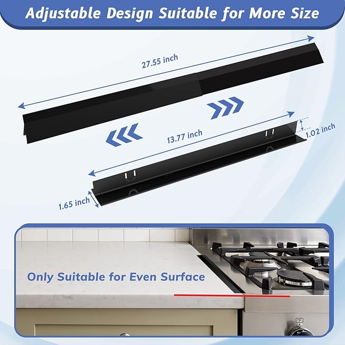 Stove Gap Covers Stainless Steel 2 Packs, 13.8~27.6 Inch Adjustable Heat Resistant Not Sharp Gap Filler, Easy to Clear Stove Counter Gap Cover Suitable for Even Surface (Black)