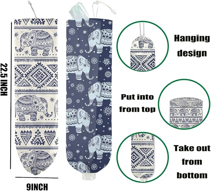 2 Pcs Vintage Elephant Plastic Bag Holder, Wall Mount Grocery Bag Holder for Plastic Bags, Heavy Duty Reusable Grocery Bags Organizer Storage Dispenser, Elephant Gifts for Women Mom Grandma