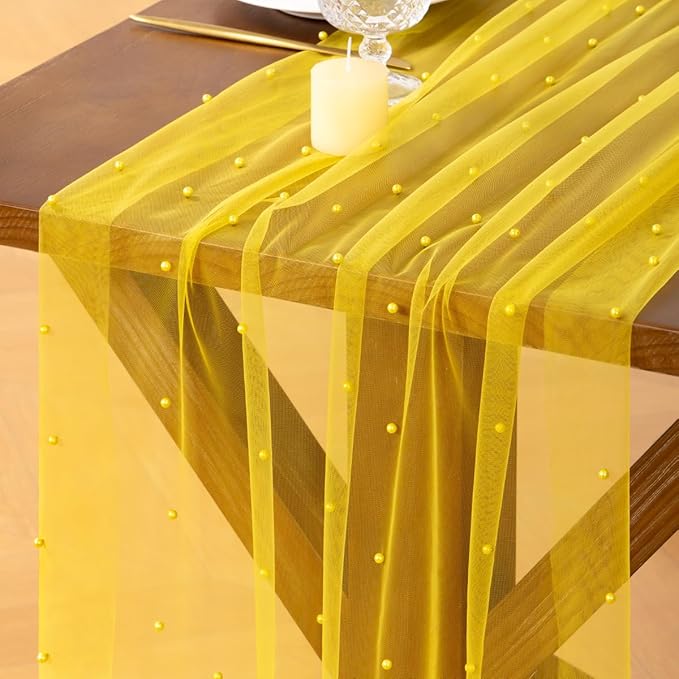 Socomi Pearl Table Runner Tulle Yellow Summer Cheesecloth 10FT Gauze Cheese Cloth Sheer Chiffon Dining Wedding Birthday Party Baby Shower Bridal Anniversary Holiday Centerpiece Table Decor