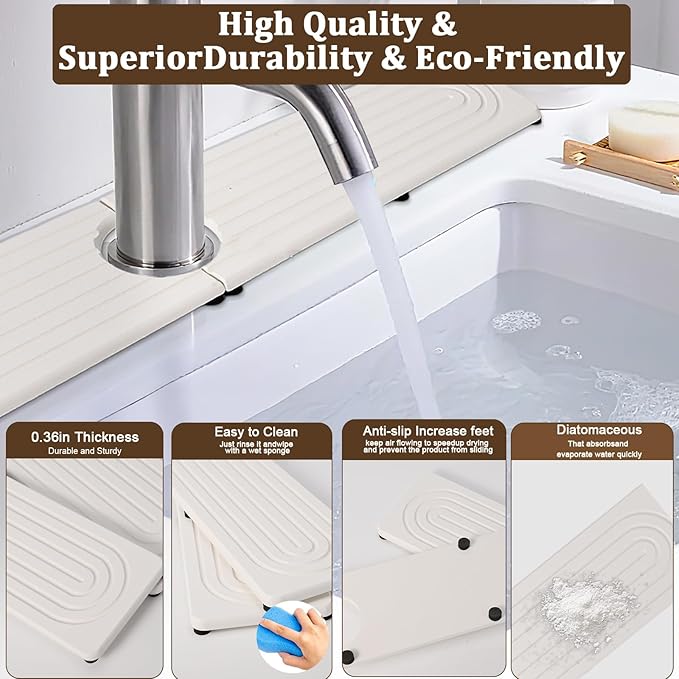 Fast Drying Faucet Mat for Kitchen Sink - 24 Inch Diatomite Quick Dry Stone Faucet Mat with Raised Feet for Kitchen Sink Splash Guard, Bathroom Stone Tray Counter Prevents Moisture Buildup