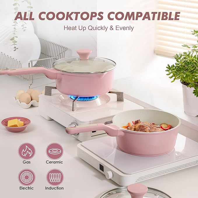 SENSARTE Ceramic Nonstick Saucepan with Lid 2.0 Quarts, Small Kitchen Cooking Pot with Stay Cool Handle, Induction Compatible, Ceramic Coating, Free of Intentionally Added PTFE/PFOA/PFAS, Sakura Pink