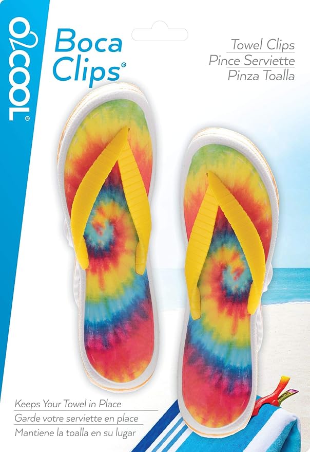 O2COOL Bocaclips - Beach Towel Clips for Beach Chairs, Patio and Pool Accessories - (Tie Dye Flip Flop) 2 Count