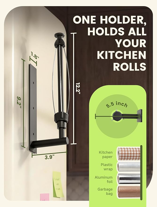 INMAKER Magnetic Paper Towel Holder, Strong Magnet Paper Towel Holder for Fridge, Kitchen, RV, Garage, Grill with Self Adhesive Wall Mount and Screws, One Hand Tear with Adjustable Damping (Black)