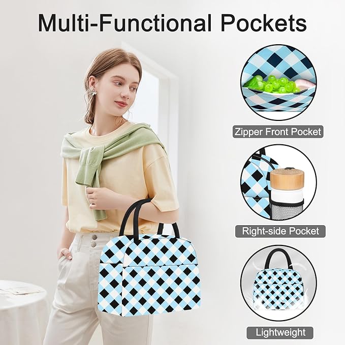 KUBYA Lunch Bag Lunch Box for Women Adult Men Insulated Quilted Reusable Large Lunch Tote Bag Leakproof Simple Cooler Bag for Work Office Picnic Beach or Travel