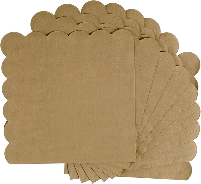 100 Pcs Cocktail Napkins, 2-Ply 5 x 5 Inches Disposable Scalloped Napkins, Thick Premium Dessert Napkins for Party, Wedding, Dinner, Birthday, Anniversary, Festival (Brown)