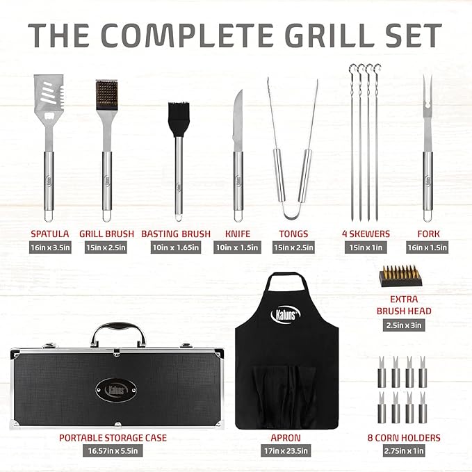 Kaluns Grilling Accessories, Dad Gifts for Fathers Day, Mothers Day Grilling Gifts, Heavy Duty Stainless Steel BBQ Tool Set for Outdoor Grill with Aluminum Case and Apron, Birthday Gifts for Men