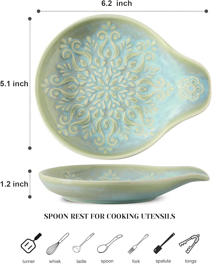 Farmhouse Ceramic Spoon Rests Holder for Kitchen Counter Stove Top (Green-A3)