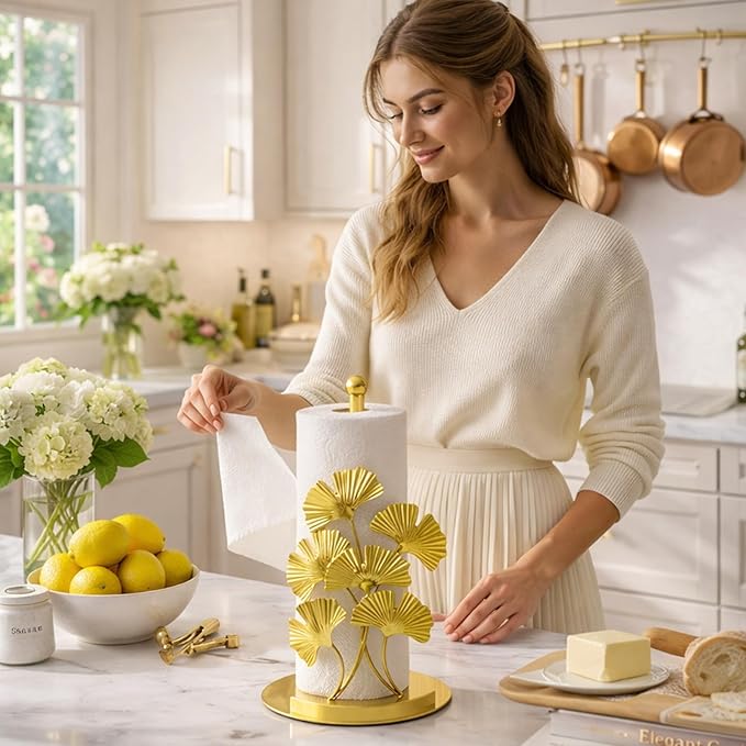 Vintage Gold Ginkgo Paper Towel Holder Countertop - Gold Kitchen Decor and Accessories, Luxury Housewarming Gifts for Women, 3D Ornate Leaf Textured, Retro Design Home Decor, Weighted Base & Felt Pad