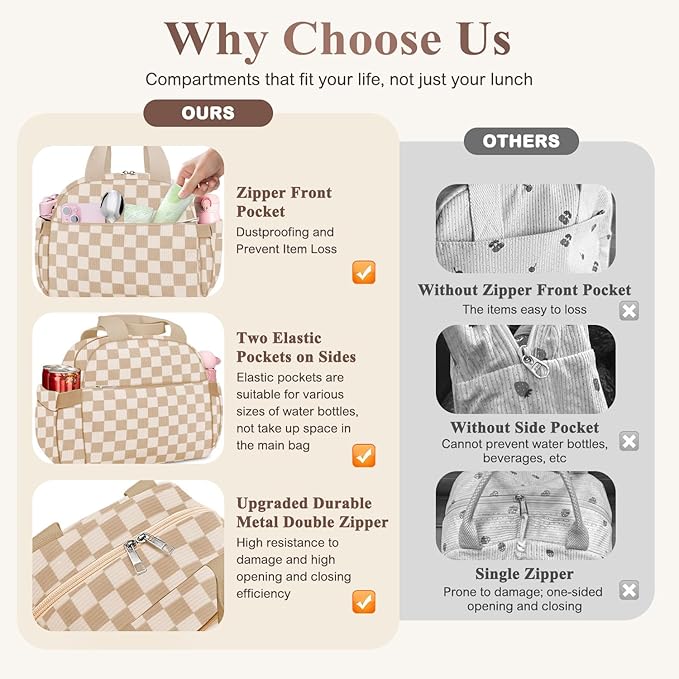 KUBYA Lunch Box for Women, Cute Corduroy Insulated Lunch Bag Women Reusable Work Simple Adults Large Lunch Boxes Tote Bag Men Cooler Bag