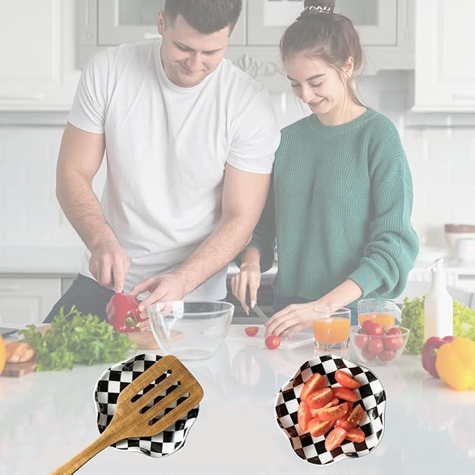 Spoon Rest for Stove Top, 5.3in Checkered Spoon Holder Utensil Rest, Ceramic Spoon Rests for Coffee Bar, Kitchen Gadget Cooking Gift for Housewarming - Heat Resistant & Dishwasher Safe