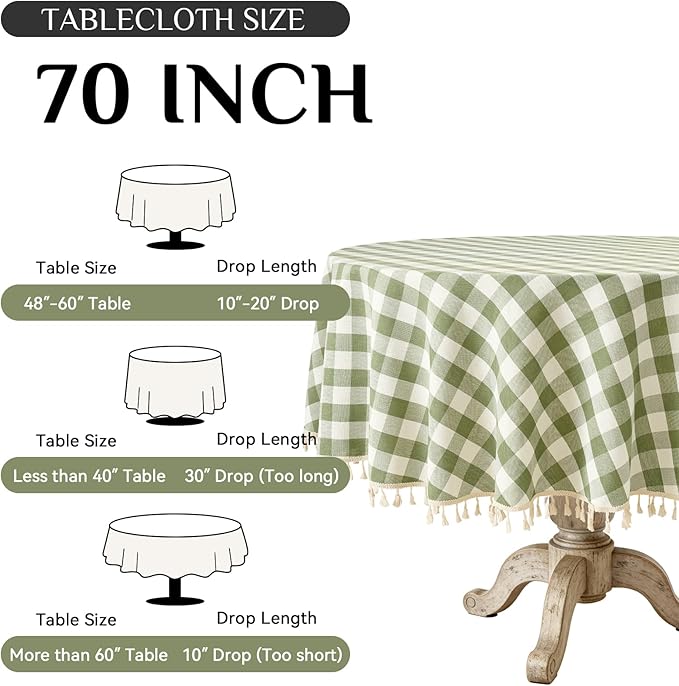 Softalker Outdoor Checkered Tablecloth 70 x 70 Inch Round, Spring Summer Linen Cotton Gingham Table Cloth with Tassel, Heavy Duty Wrinkle Free Buffalo Plaid Table Cover for Picnic Camping - Sage