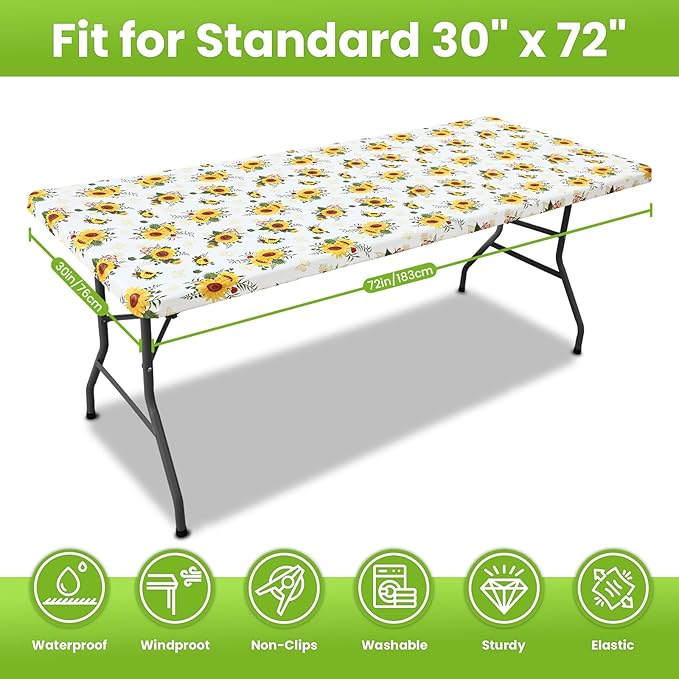 Smiry Spandex Fitted Tablecloth for 6 Foot Rectangle Tables, Washable Picnic Table Cover with Elastic, Stretch Reusable Table Cloth for Outdoor, Camping, Dining & Kitchen (Sunflower, 30"x72")