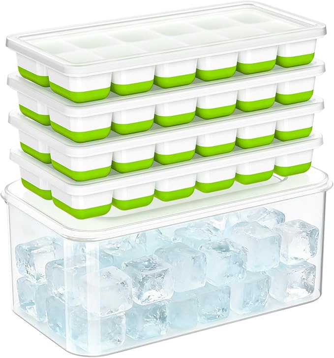 NFK Ice Cube Tray with Lid & Bin - 4 Pack 48 Cubes Stackable Silicone Trays for Freezer with Storage Container, Leak-Proof Lids, BPA-Free, Easy Release for Kitchen, RV, Party, Cocktail & Coffee