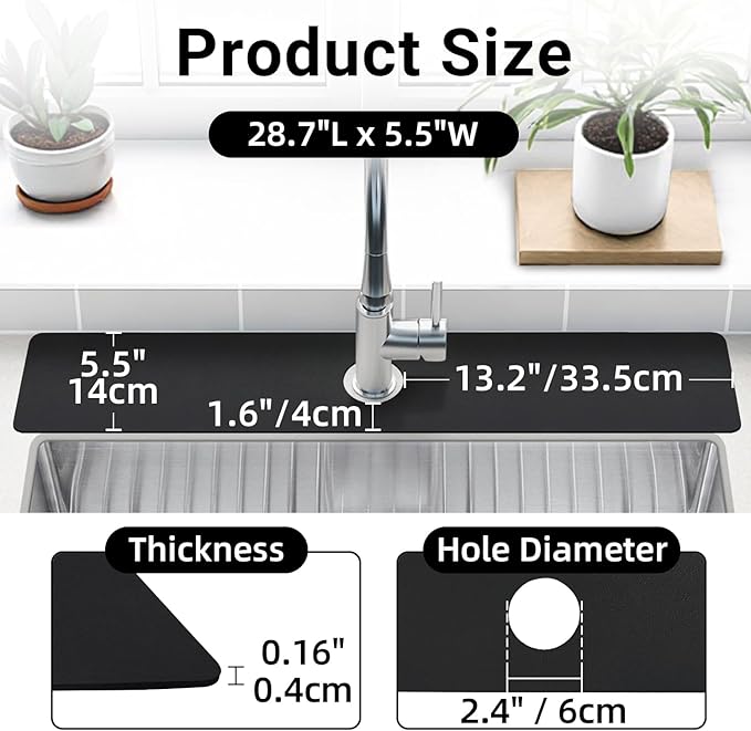 LOPNUR Faucet Mat for Kitchen Sink Protectors, 29 Inch Extra Long Kitchen Sink Splash Guard Behind Faucet, Cuttable Bathroom Water Splash Guard with Super Absorbent Diatomite Fast Drying, Black