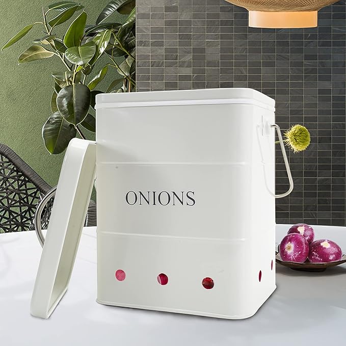 Onion Storage Bin, Kitchen Storage Canister,Kitchen Pantry Organizer Tin With Airtight Lid & Handles, Vegetable Fresh Keeper with Aerating Tin Storage Holes (White)