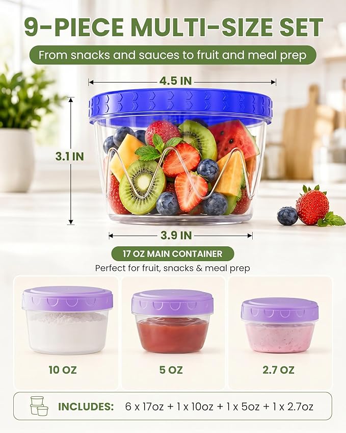 9 Pack- 17/10/5/2.7oz Reusable Freezer Storage Containers, Airtight Plastic Food Sauce Salad Dressing Storage Containers with Twist Top Lids, BPA Free, Stackable, Leakproof, Microwave/Dishwasher Safe
