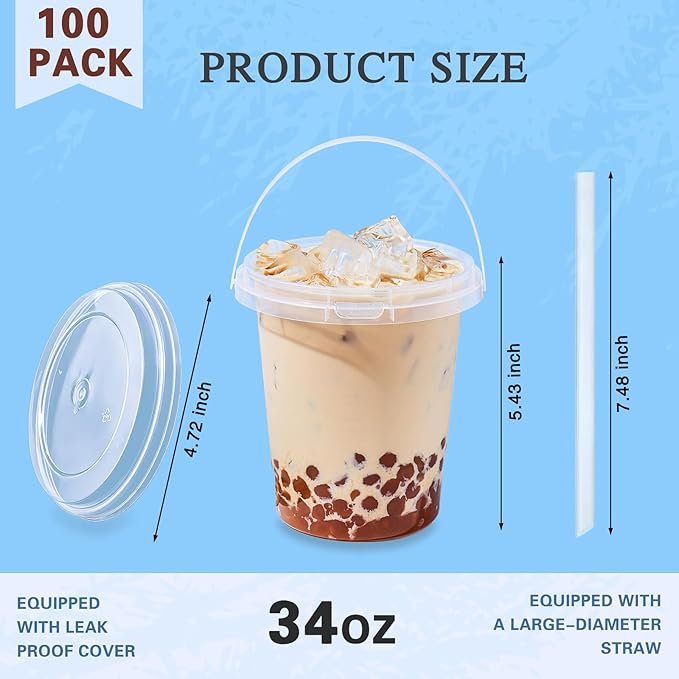 100 Pack 34oz Disposable Coffee Cups with Lids, Plastic Cups with Lids and Straws,Sturdy & Food Safe To Go Cups for Cold & Hot Drinks,Smoothies,Fruit Drinks Cups for Summer Beverages,Bar & Beach Party