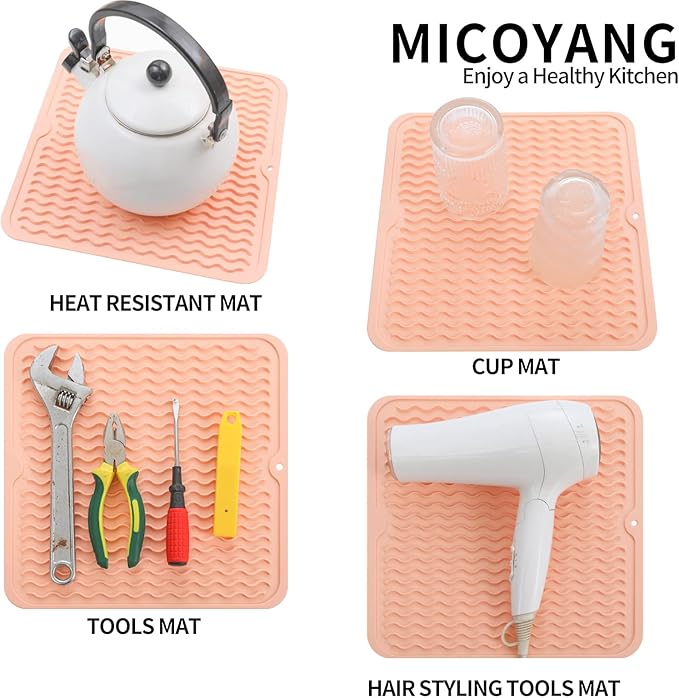 Silicone Dish Drying Mat for Multiple Usage,Easy clean,Eco-friendly,Heat-resistant Silicone Mat for Kitchen Counter or Sink,Refrigerator or Drawer liner Pink M 12 inches x 12 inches