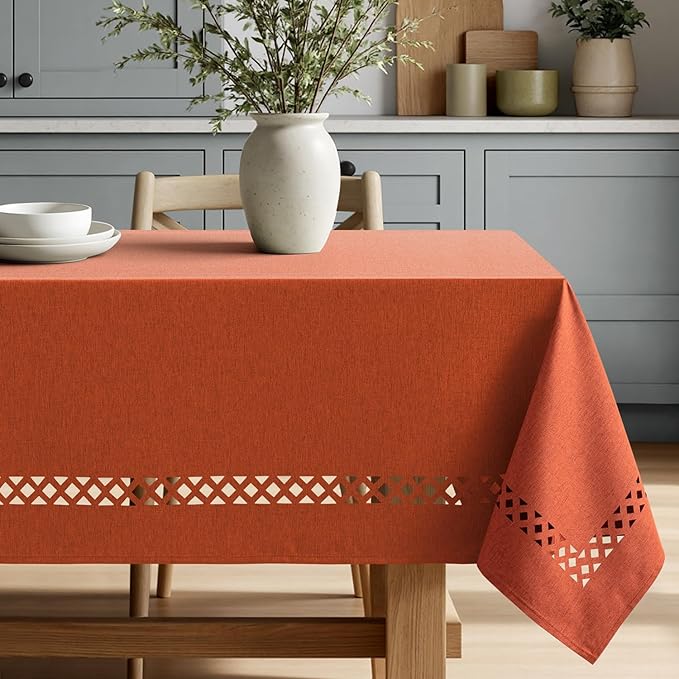 MIULEE Burnt Orange Rectangle Linen Polyester Fall Thanksgiving Tablecloth with Decorative Cutouts Waterproof Stain Resistant Table Cloth 60x84 inch Farmhouse Style for Dining Wedding Party
