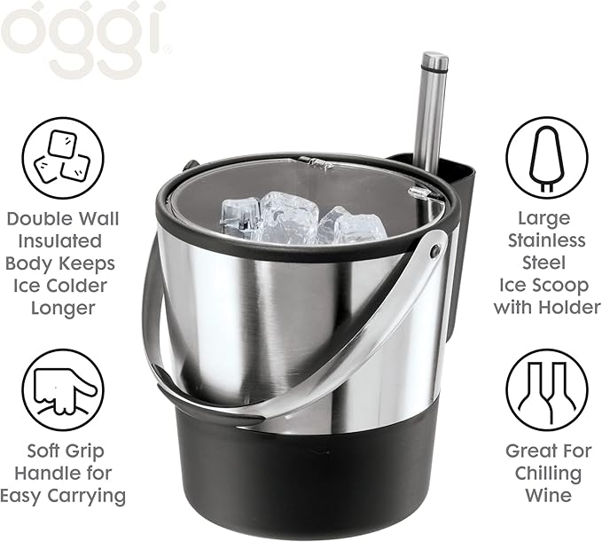 Oggi Insulated Ice Bucket, 4 Quart / 3.8 L, Stainless Steel, Black.