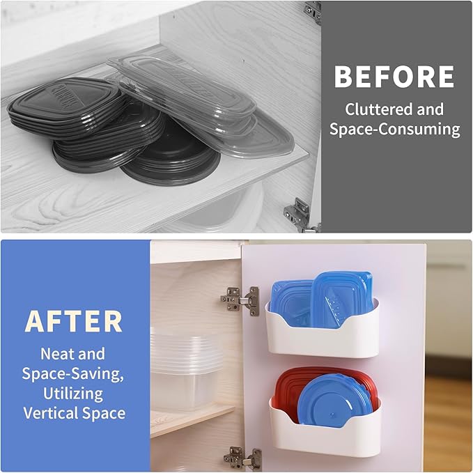 2 Pack Lid Organizers Inside Cabinet, No Drilling Adhesive Over Door Organizer, Cabinet Door Organizer Bin Holder Caddy, Over Cabinet Organizer Storage Lid Organizer for Kitchen(White)