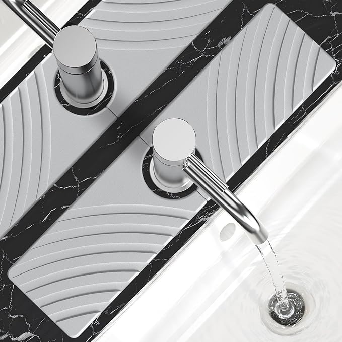 Stone Faucet Mat for Kitchen Sink - Fast Drying Diatomite Stone Drying Mat, Textured Drainage Sink Protector, Water Splash Guard with Base Pads for Bathroom Counter (15.7x4 in, Light Gray)