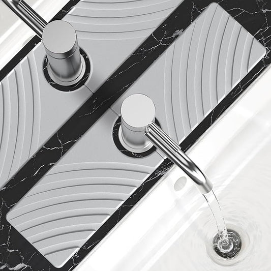Stone Faucet Mat for Kitchen Sink - Fast Drying Diatomite Stone Drying Mat, Textured Drainage Sink Protector, Water Splash Guard with Base Pads for Bathroom Counter (15.7x4 in, Light Gray)