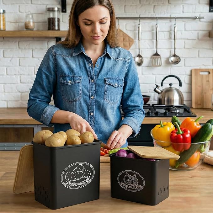 Lifewit Plastic Potato and Onion Storage Bin, Stackable Garlic Keeper with Aerating Holes and Lid, Vegetable Container Box for Pantry Countertop, Black, 24 x 18 x 24 cm/9.5 x 7 x 9.5 inch, Set of 2