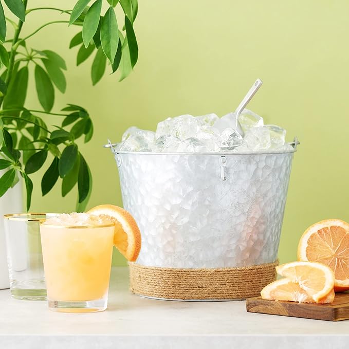 Twine Farmhouse Ice Bucket with Scoop - Beverage Tub Wrapped with Rope for Parties - Galvanized Metal Bucket Cooler & Drink Tub Holds 1 Gallon