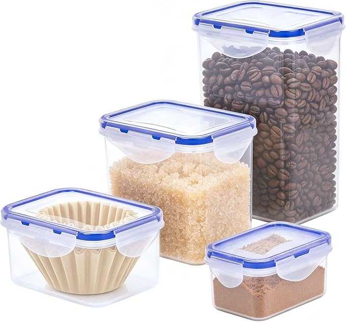 KIGI Airtight Food Storage Containers, Plastic Canisters & Jars for Kitchen Pantry Dry Food Organization, 4-Sided Locking Lid, Clear, 8-Piece, 0.75 Cup / 2.1 Cup / 3.6 Cup / 5.4 Cup