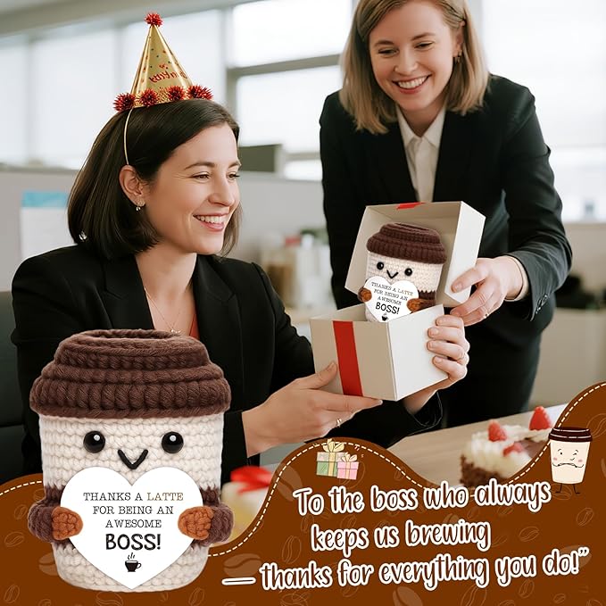 Mini Boss Gifts for Women Men Office Appreciation Gifts for Boss Lady Manager Leader Mentor Supervisor Handmade Crochet Coffee Cup for Retirement Promotion Farewell leaving Going Away Birthday Gift