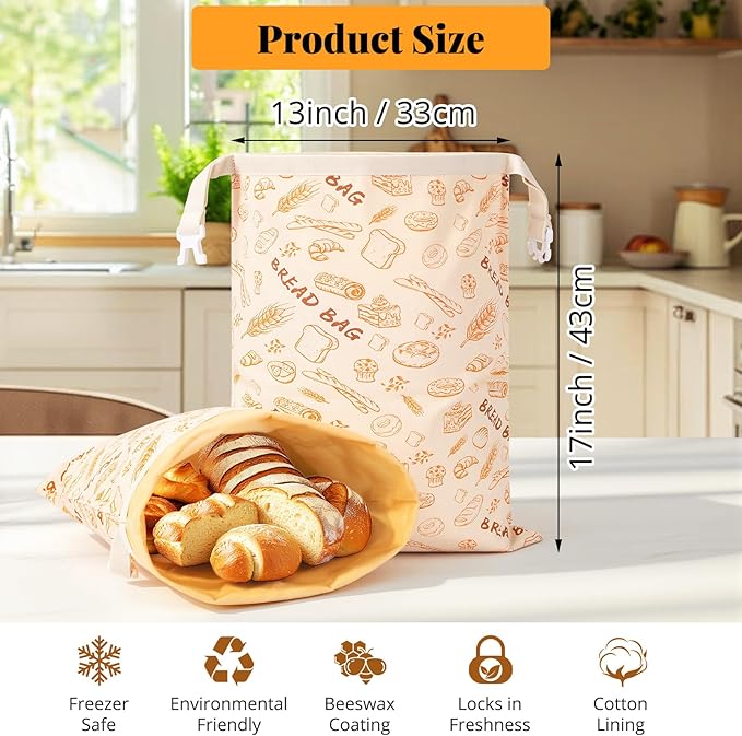 Homelove 2 Pack Beeswax Bread Bags for Sourdough Homemade Bread - Reusable Organic Linen Bag Cotton Lining Sourdough Natural Beeswax Bread Storage Bag, Keep Fresh and Upgraded XLarge Capacity Portable