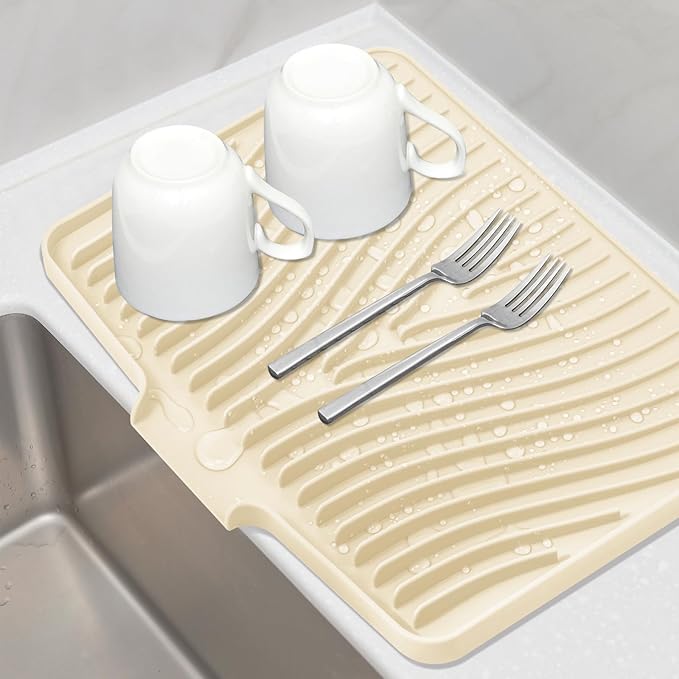 Silicone Dish Drying Mat for Kitchen Counter, Dish Drying Pad, Non-Slip Drain Pad with Built-in Drain, Heat Resistant Stone Drying Mat(Yellowish 16" x 12")